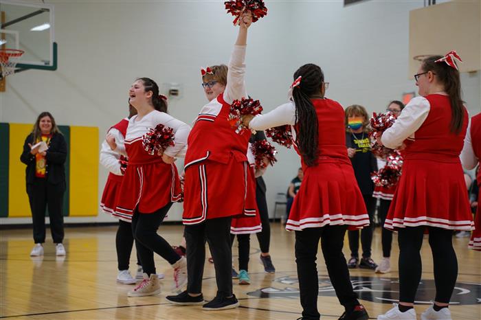 Cheerleaders perform during the Pathfinder Panthers Basketball game against the Mon Valley Mustangs on Feb. 22, 2024.